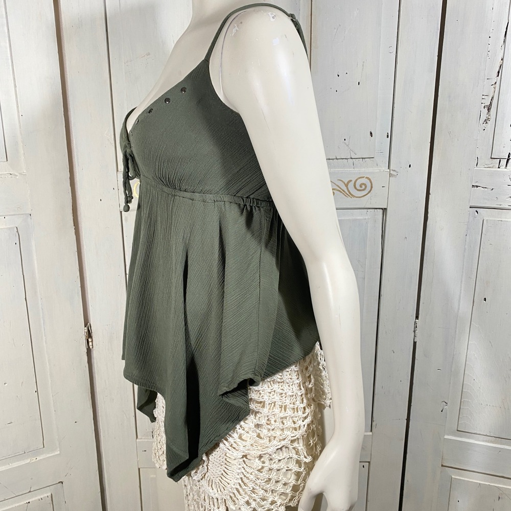 Velvet Moon Olive Green Handkerchief Hem Studded Camisole Top Small Boho Fairy - Picture 3 of 10